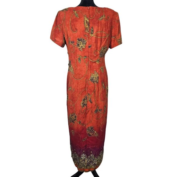 Vintage S.L. Fashions Womens Orange Floral Midi Dress Size 8 Side Buttons Casual - Picture 2 of 10